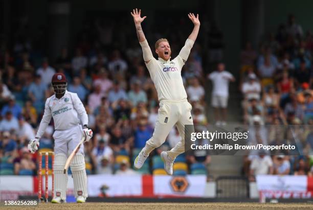 Ben Stokes of England appeals and dismisses Nkrumah Bonner of West Indies during the third day of the second Test between West Indies and England at...