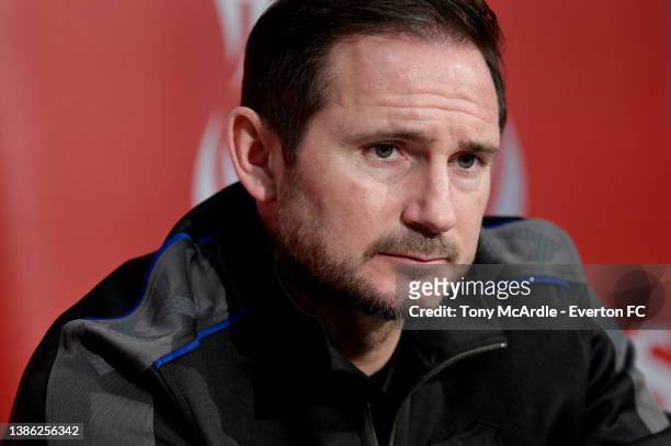 Frank Lampard speaks to the media during the Everton Press Conference ahead of the FA Cup match against Crystal Palace at Finch Farm on March 18 2022...