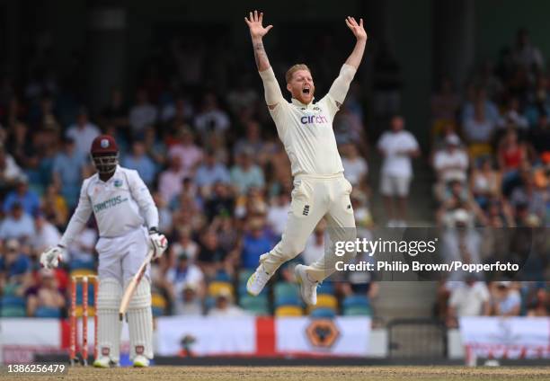 Ben Stokes of England appeals and dismisses Nkrumah Bonner of West Indies lbw during the third day of the second Test between West Indies and England...