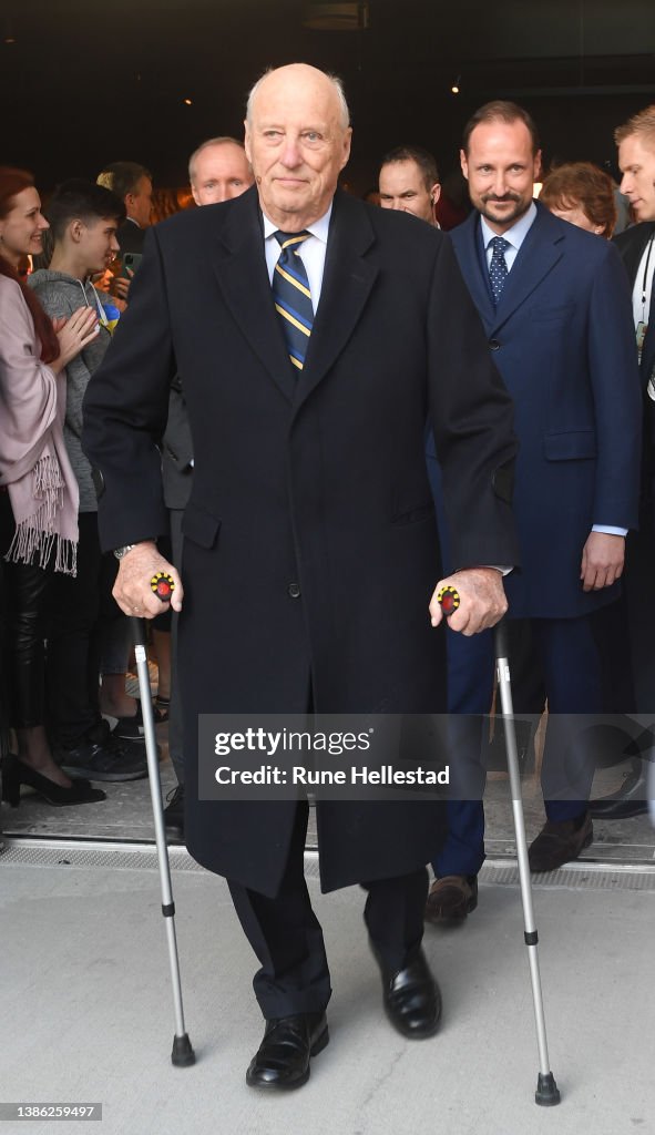 King Harald Of Norway Visits The Emergency Accommodation Center For Ukrainian Refugees