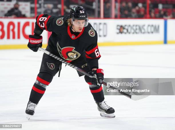 Tyler Ennis of the Ottawa Senators skates against the Columbus Blue Jackets at Canadian Tire Centre on March 16, 2022 in Ottawa, Ontario, Canada.