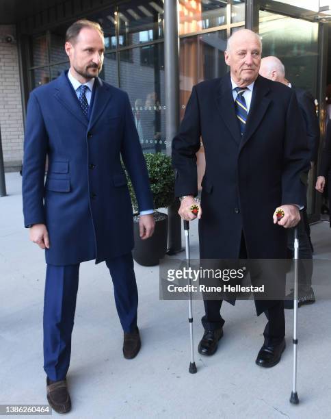 King Harald and Crown Prince Haakon visit The Emergency Accommodation Centre For Ukrainian Refugees at Scandic Hotel Helsfyr on March 18, 2022 in...