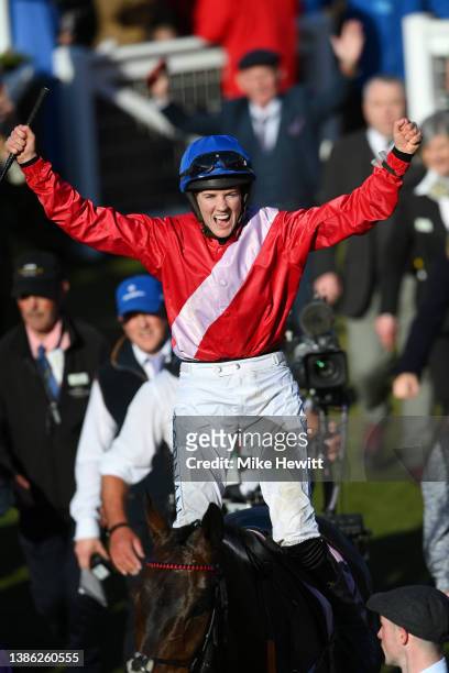 Rachael Blackmore on A Plus Tard celebrates winning The Boodles Cheltenham Gold Cup Chase race during day four of the Cheltenham Festival 2022 at...