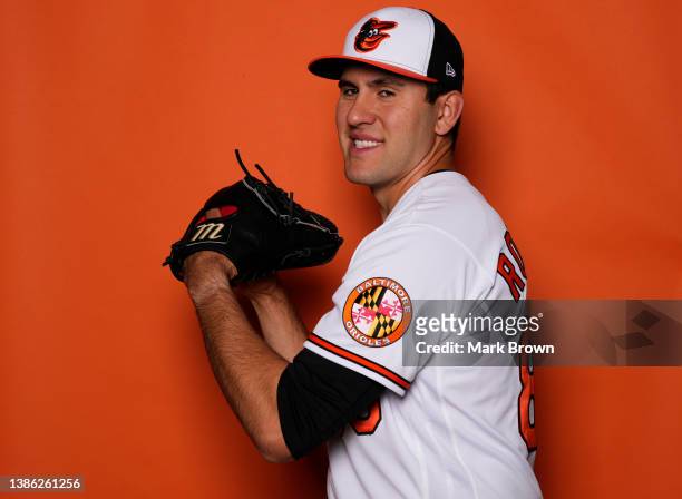 Grayson Rodriguez of the Baltimore Orioles poses for a portrait during Photo Day at Ed Smith Stadium on March 17, 2022 in Sarasota, Florida.
