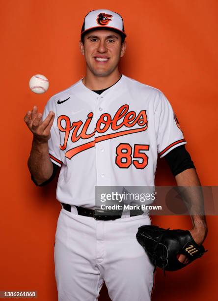 Grayson Rodriguez of the Baltimore Orioles poses for a portrait during Photo Day at Ed Smith Stadium on March 17, 2022 in Sarasota, Florida.
