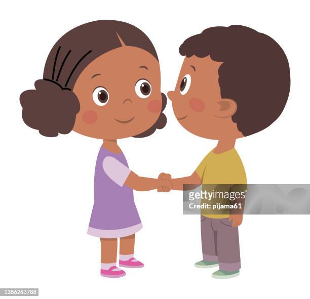 ilustrações de stock, clip art, desenhos animados e ícones de african smiling boy and girl handshake - facial expressions flat design character