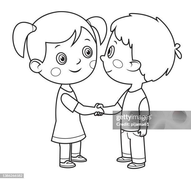 ilustraciones, imágenes clip art, dibujos animados e iconos de stock de blanco y negro, niño y niña sonrientes apretón de manos - colorear