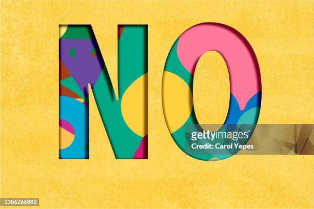 the word no   in colorful paperwork  letters. - 3d font imagens e fotografias de stock