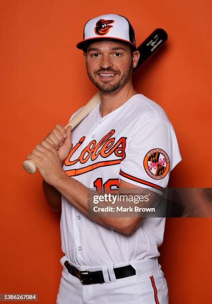 Trey Mancini of the Baltimore Orioles poses for a portrait during Photo Day at Ed Smith Stadium on March 17, 2022 in Sarasota, Florida.