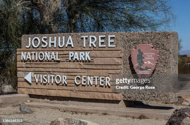 The entrance to Joshua Tree National Park is viewed on March 12, 2022 in Joshua Tree, California. Joshua Tree National Park is an American national...