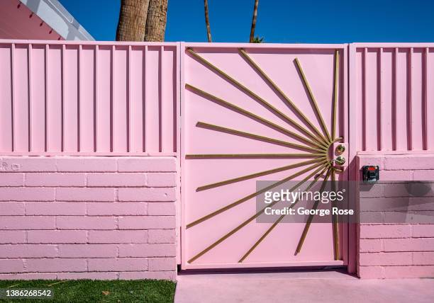 The pink color scheme of the kitschy Trixie Motel is viewed on March 12, 2022 in Palm Springs, California. Palm Springs, a city of nearly 50,000 is...