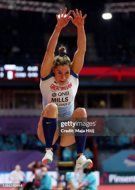 Holly Mills of Great Britain GBR competes during the Women's Pentathlon - Long Jum on Day One of the World Athletics Indoor Championships Belgrade...