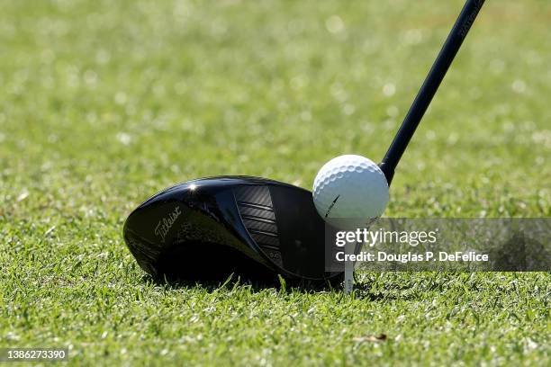 Detailed view of a golf ball and club belonging to Webb Simpson of the United States are seen as he prepares to play the 14th tee during the second...