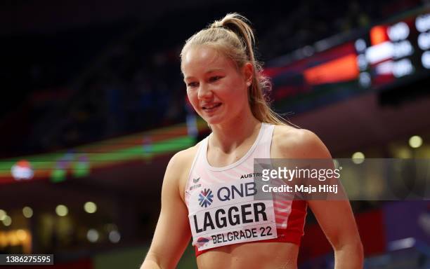 Sarah Lagger of Austria AUT reacts during the Women's Pentathlon - Long Jump on Day One of the World Athletics Indoor Championships Belgrade 2022 at...
