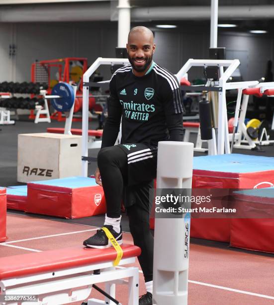 Alex Lacazette of Arsenal during a training session at London Colney on March 18, 2022 in St Albans, England.
