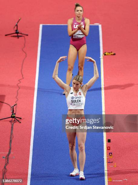 Adrianna Sulek of Poland POL reacts during the Women's Pentathlon - Long Jump on Day One of the World Athletics Indoor Championships Belgrade 2022 at...