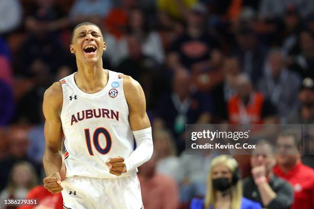 Jabari Smith of the Auburn Tigers reacts after missing a shot but drew a foul against the Jacksonville State Gamecocks during the first half in the...