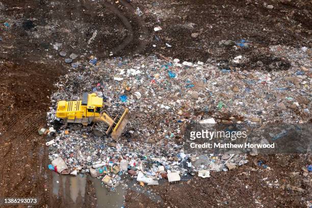An aerial view of a Newport Council landfill site on March 18, 2022 in Newport, Wales. IT worker James Howells threw away a laptop in 2013 which...