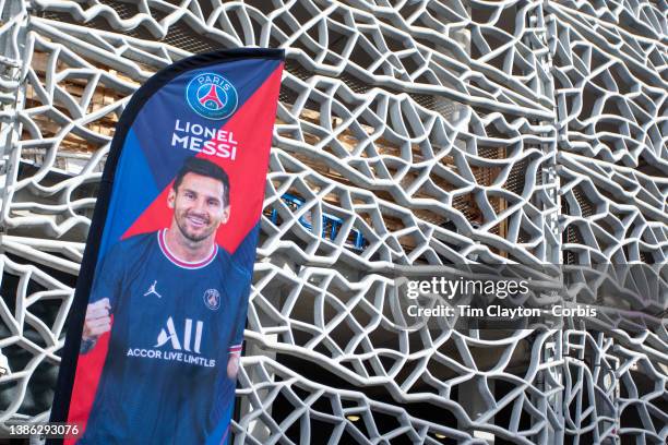 August 10: A Lionel Messi banner outside Parc des Princes during the Paris Saint-Germain Vs Bordeaux, French Ligue 1 regular season match at Parc des...