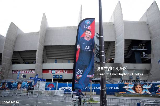 August 10: A Lionel Messi banner outside Parc des Princes during the Paris Saint-Germain Vs Bordeaux, French Ligue 1 regular season match at Parc des...