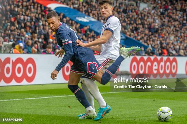 August 10: Kylian Mbappé of Paris Saint-Germain defended by Anel Ahmedhodi of Bordeaux during the Paris Saint-Germain Vs Bordeaux, French Ligue 1...