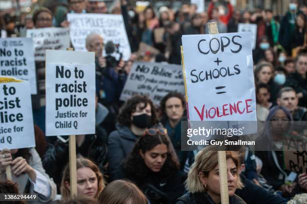 Hundreds of people block the A10 and put posters on the Police Station on March 17, 2022 in London, England. Community members protest at Stoke...