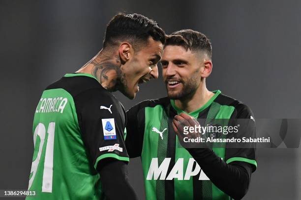 Gianluca Scamacca of US Sassuolo celebrates after scoring the 4-1 goal during the Serie A match between US Sassuolo and Spezia Calcio at Mapei...