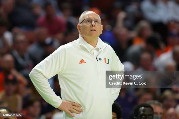 Head coach Jim Larranaga of the Miami Hurricanes looks on against the USC Trojans during the first half in the first round game of the 2022 NCAA...