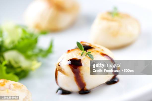 seared scallops with balsamic sauce and side salad - seared bildbanksfoton och bilder