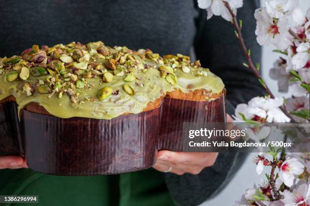 colomba di pasqua in the woman hands,pistachio pasqua cake - colomba pasqua stockfoto's en -beelden