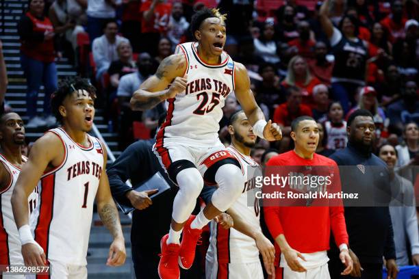 Adonis Arms and Terrence Shannon Jr. #1 of the Texas Tech Red Raiders celebrate against the Montana State Bobcats during the second half in the first...