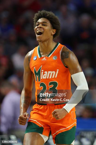 Kameron McGusty of the Miami Hurricanes reacts after scoring a point against the USC Trojans during the first half in the first round game of the...