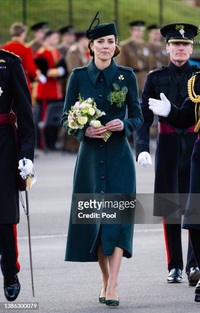 Catherine, Duchess of Cambridge attends the 1st Battalion Irish Guards' St. Patrick's Day Parade with Prince William, Duke of Cambridge at Mons...