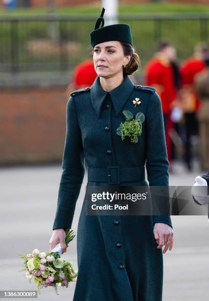 Catherine, Duchess of Cambridge attends the 1st Battalion Irish Guards' St. Patrick's Day Parade with Prince William, Duke of Cambridge at Mons...