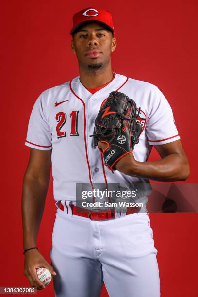 Hunter Greene of the Cincinnati Reds poses for a portrait during photo day at Goodyear Ballpark on March 18, 2022 in Goodyear, Arizona.