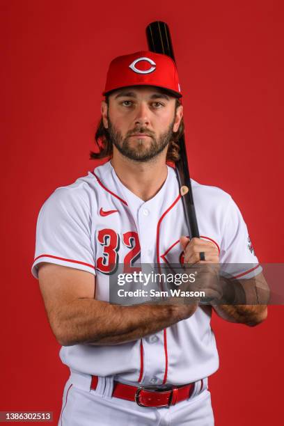 Max Schrock of the Cincinnati Reds poses for a portrait during photo day at Goodyear Ballpark on March 18, 2022 in Goodyear, Arizona.