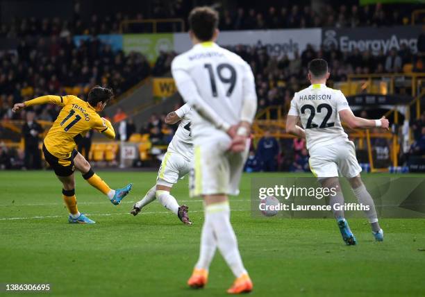 Francisco Trincao of Wolverhampton Wanderers scores their side's second goal during the Premier League match between Wolverhampton Wanderers and...