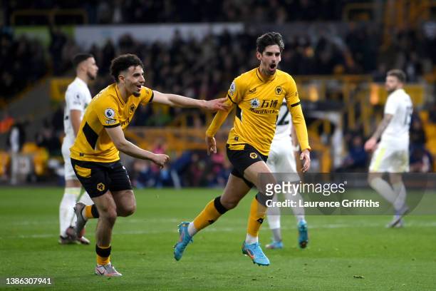Francisco Trincao of Wolverhampton Wanderers celebrates after scoring their side's second goal with Rayan Ait-Nouri during the Premier League match...