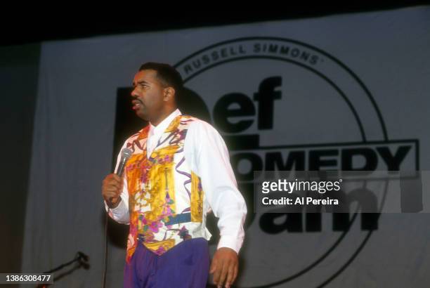 Comedian Steve Harvey performs at Russell Simmons' Def Comedy Jam on June 10, 1993 in New York City.