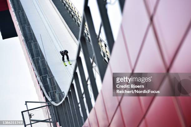 Arttu Aigro of Estonia competes during the Training at the FIS World Cup Ski Flying Men Oberstdorf at on March 18, 2022 in Oberstdorf, Germany.