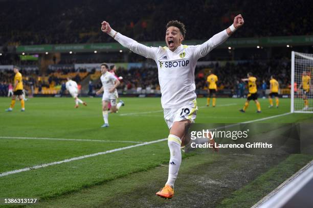 Rodrigo Moreno of Leeds United celebrates after scoring their side's second goal during the Premier League match between Wolverhampton Wanderers and...