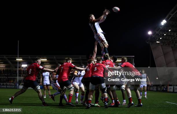 Josh Poullet of Leicester Tigers catches the ball from a line out during the Premiership Rugby Cup match between Newcastle Falcons and Leicester...