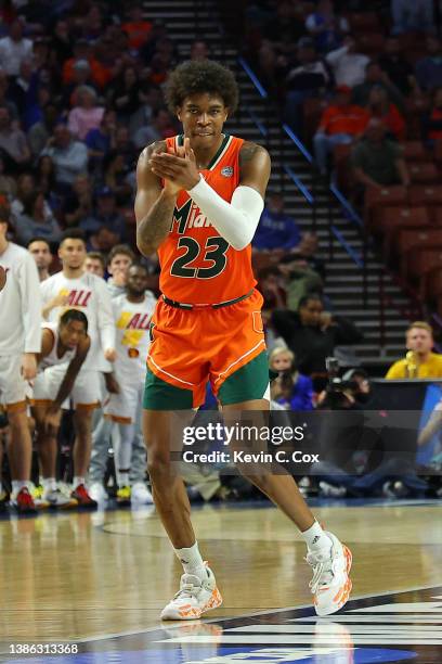 Kameron McGusty of the Miami Hurricanes reacts against the USC Trojans during the second half in the first round game of the 2022 NCAA Men's...