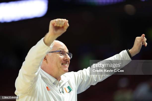 Head coach Jim Larranaga of the Miami Hurricanes reacts after defeating the USC Trojans 68-66 during the second half in the first round game of the...
