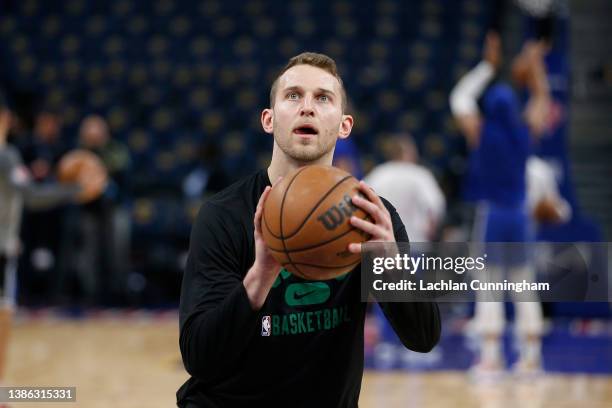Nik Stauskas of the Boston Celtics warms up before the game against the Golden State Warriors at Chase Center on March 16, 2022 in San Francisco,...