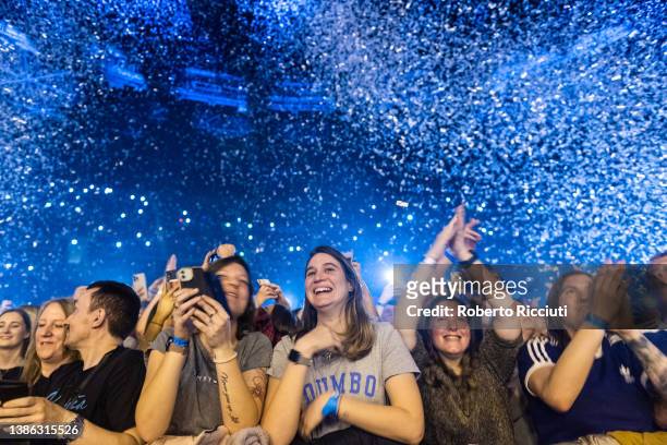 Confetti flies over music fans during Amy Macdonald's concert at The OVO Hydro on March 18, 2022 in Glasgow, Scotland.