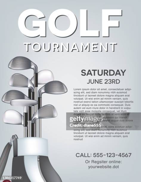 golf tournament template with bag and clubs on a grey background - golf tournament poster stock illustrations
