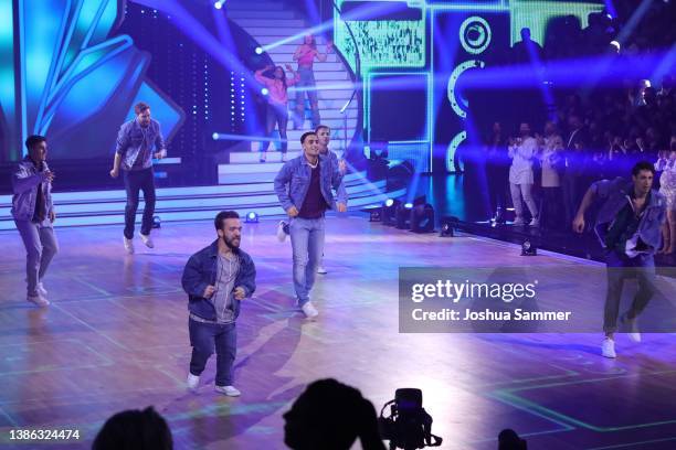 Bastian Bielendorfer, Mathias Mester, Timur Ülker, Riccardo Basile, Mike Singer and Rene Casselly perform on stage during the 4th show of the 15th...