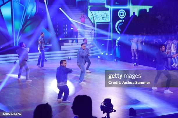 Bastian Bielendorfer, Mathias Mester, Timur Ülker, Riccardo Basile, Mike Singer and Rene Casselly perform on stage during the 4th show of the 15th...