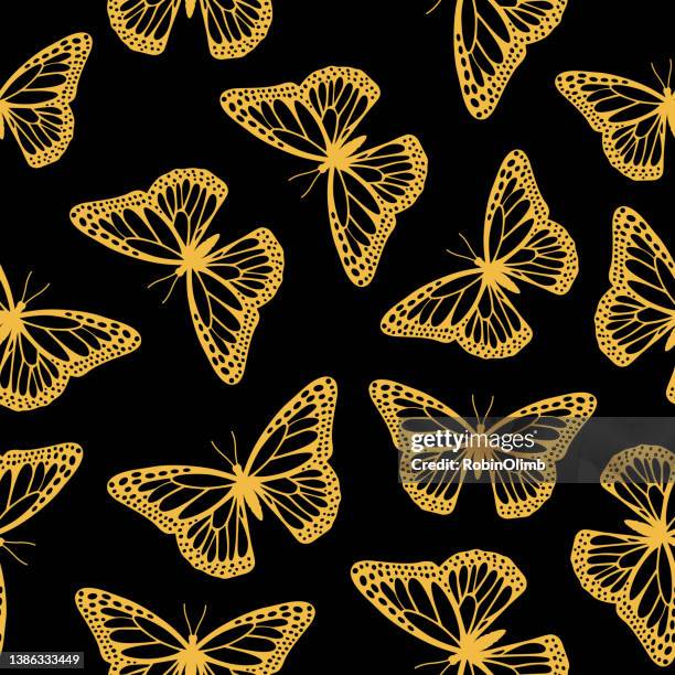 gold monarch butterflies seamless pattern - delicate fabric stock illustrations